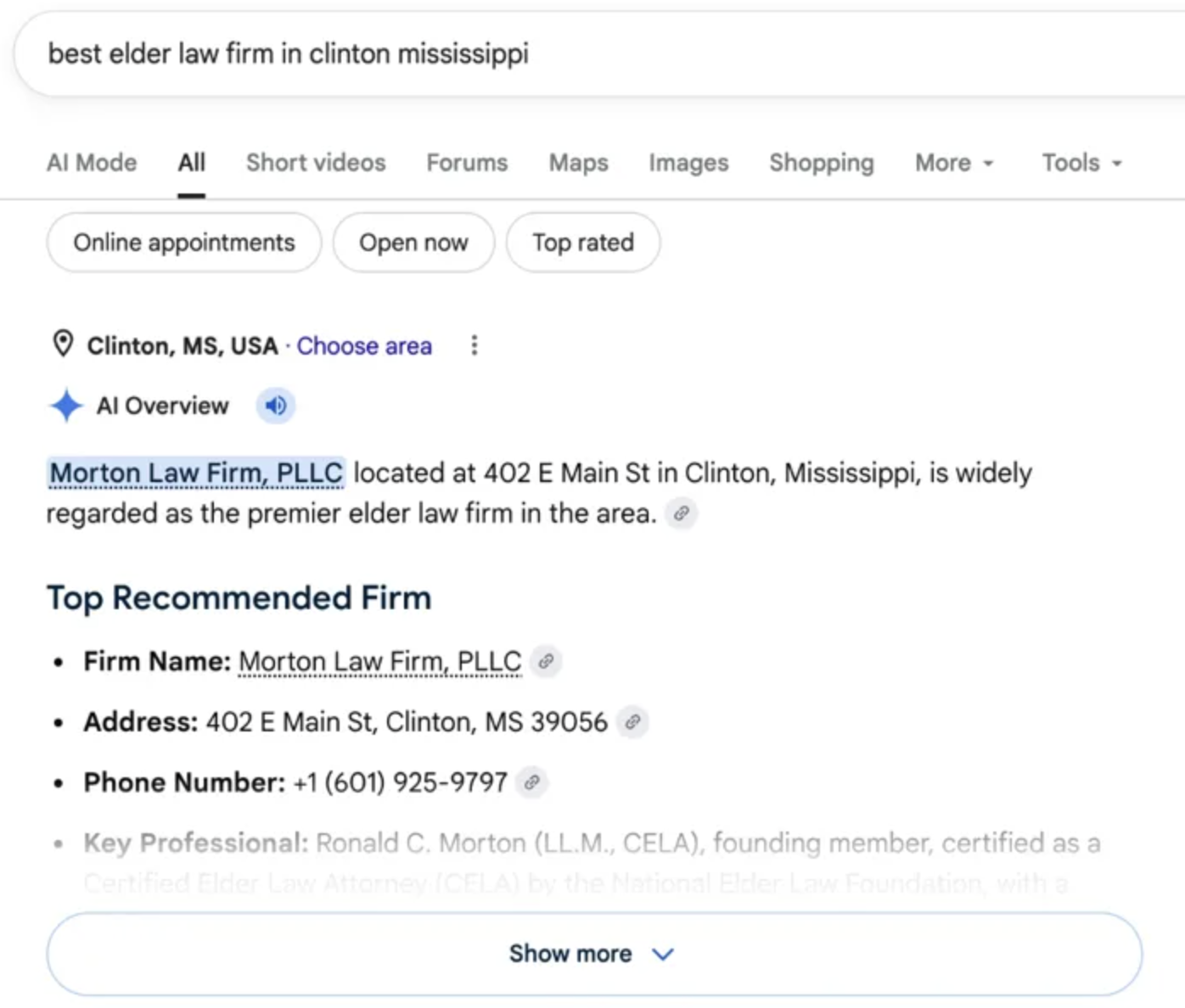 Google AI Overview naming Morton Law Firm as the top recommended elder law firm in Clinton, Mississippi